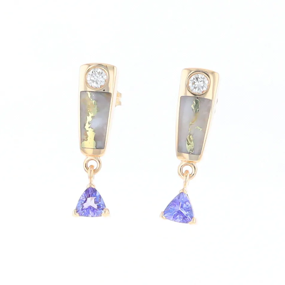 Gold Quartz Earrings Rectangle Inlaid Design with 0.11ct Diamonds & Trillion Cut Tanzanite