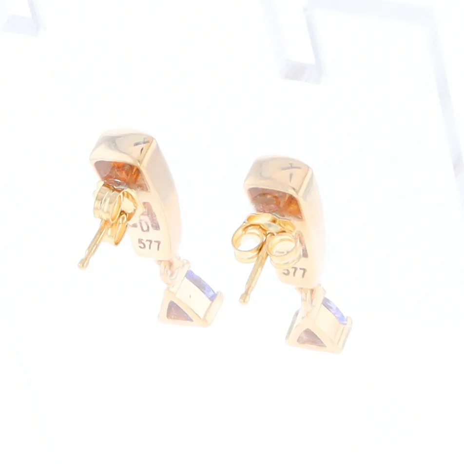 Gold Quartz Earrings Rectangle Inlaid Design with 0.11ct Diamonds & Trillion Cut Tanzanite