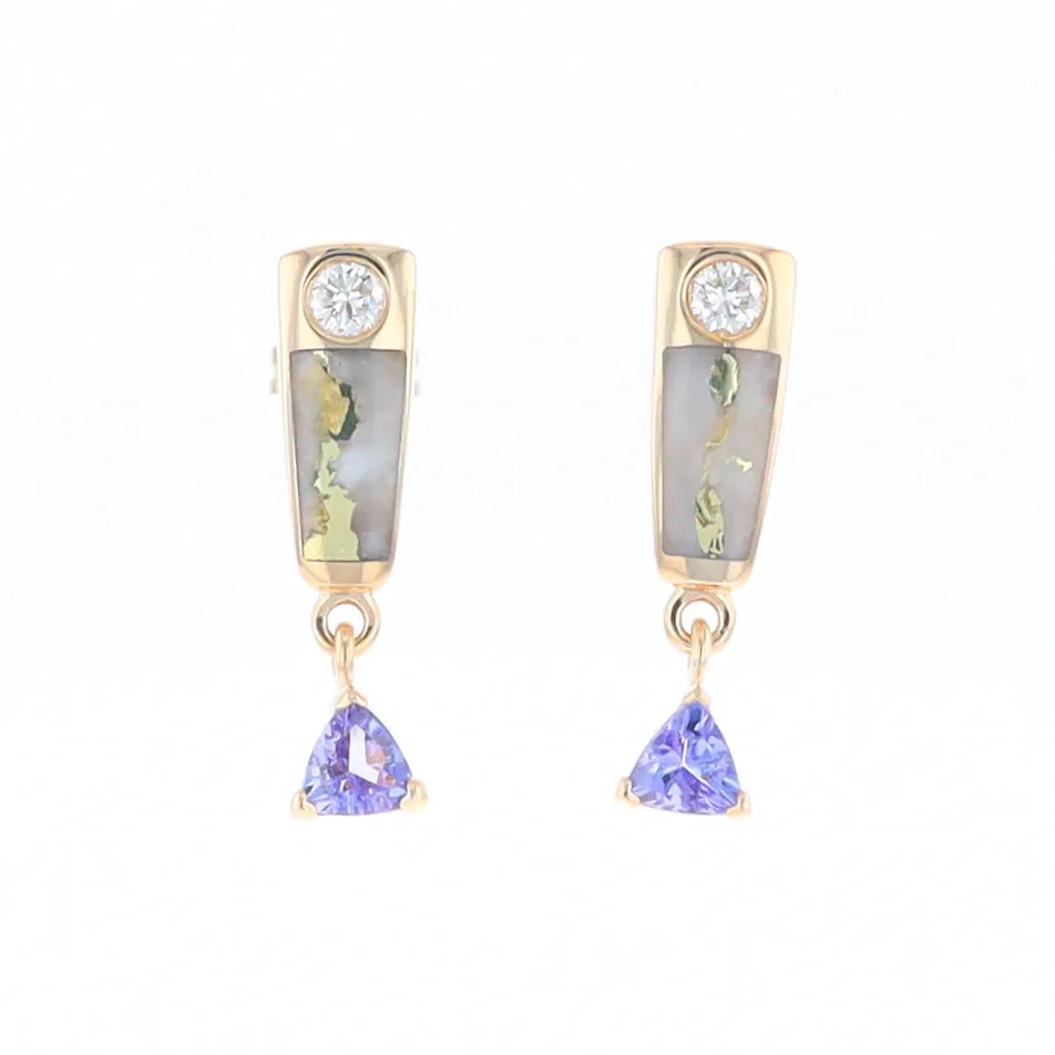 Gold Quartz Earrings Rectangle Inlaid Design with 0.11ct Diamonds & Trillion Cut Tanzanite