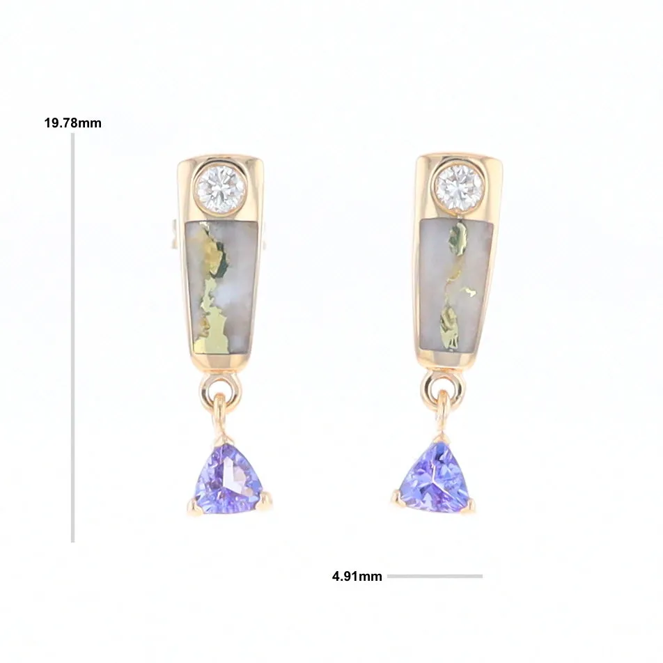 Gold Quartz Earrings Rectangle Inlaid Design with 0.11ct Diamonds & Trillion Cut Tanzanite