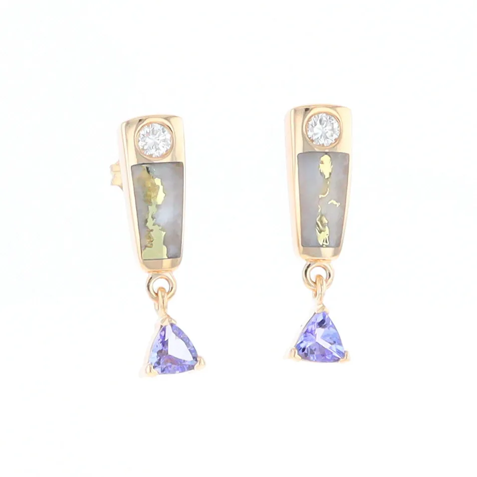 Gold Quartz Earrings Rectangle Inlaid Design with 0.11ct Diamonds & Trillion Cut Tanzanite