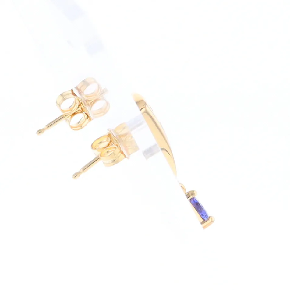 Gold Quartz Earrings Rectangle Inlaid Design with 0.11ct Diamonds & Trillion Cut Tanzanite