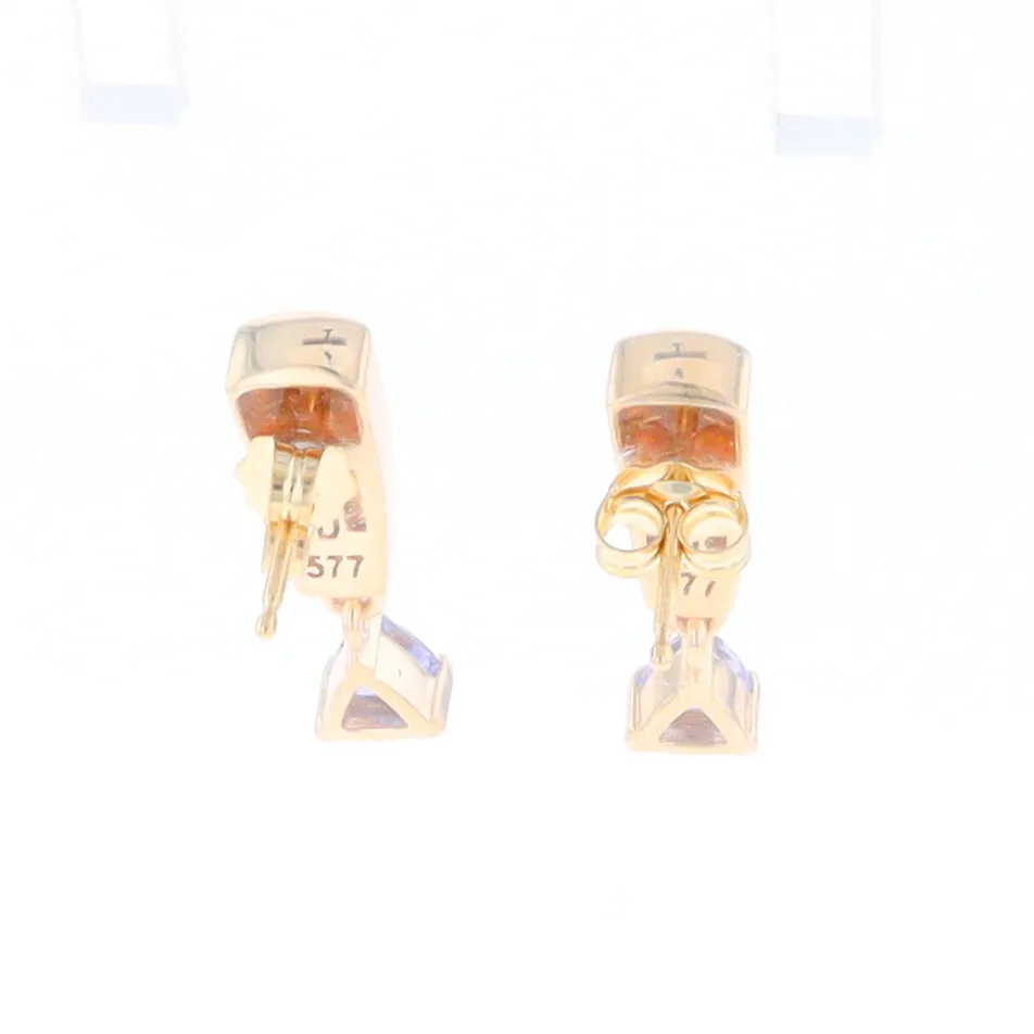 Gold Quartz Earrings Rectangle Inlaid Design with 0.11ct Diamonds & Trillion Cut Tanzanite