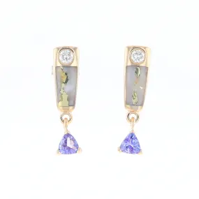 Gold Quartz Earrings Rectangle Inlaid Design with 0.11ct Diamonds & Trillion Cut Tanzanite