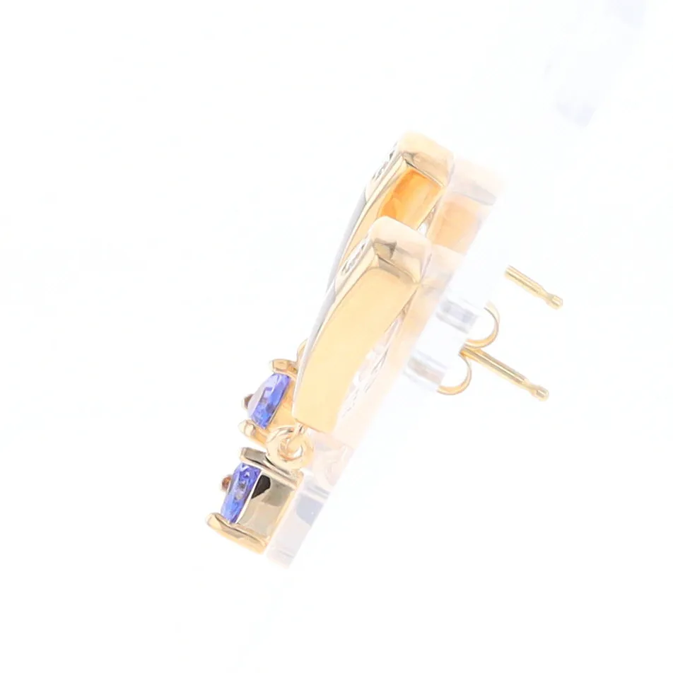 Gold Quartz Earrings Rectangle Inlaid Design with 0.11ct Diamonds & Trillion Cut Tanzanite