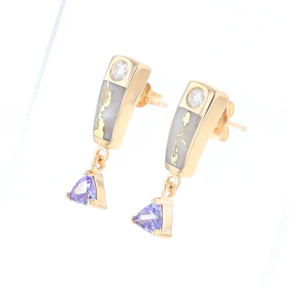 Gold Quartz Earrings Rectangle Inlaid Design with 0.11ct Diamonds & Trillion Cut Tanzanite