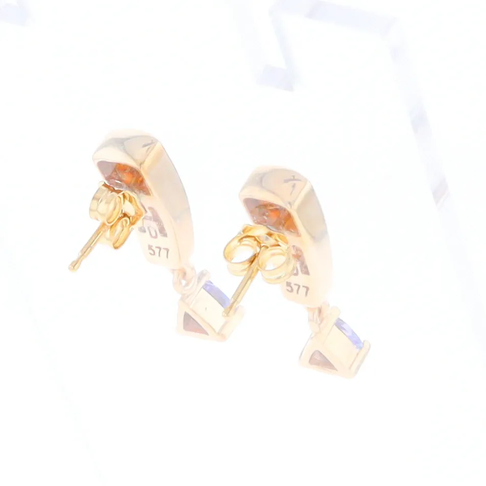 Gold Quartz Earrings Rectangle Inlaid Design with 0.11ct Diamonds & Trillion Cut Tanzanite