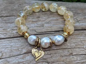 Golden Citrine & White Edison Pearl Bracelet