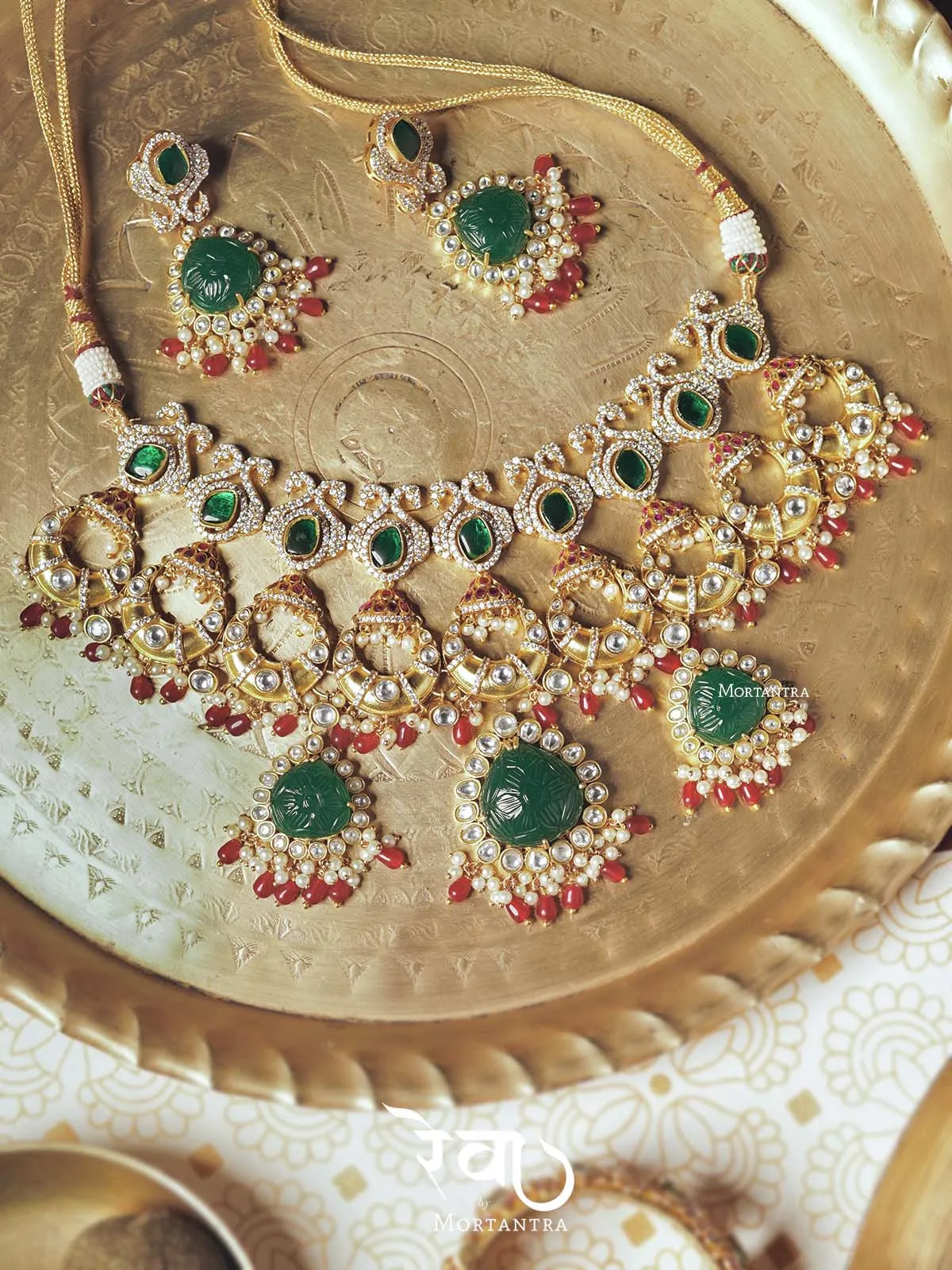 Green Color Gold Plated Jadau Kundan Bridal Necklace Set - MO-S8WGR