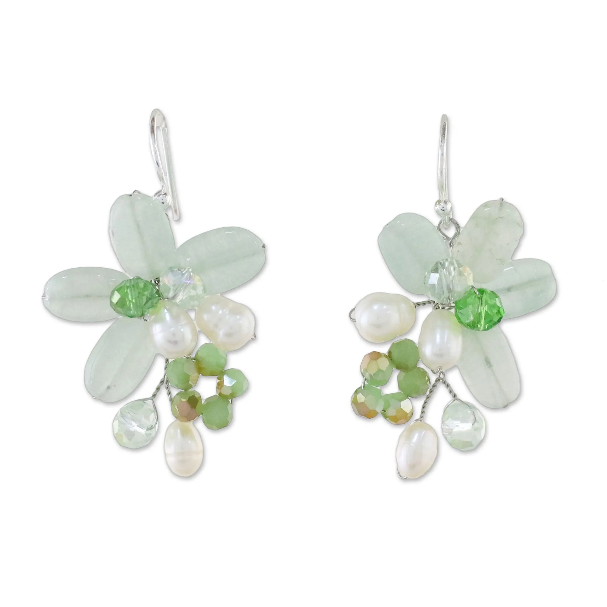 Green Quartz and Pearl Dangle Earrings from Thailand - Elegant Flora in Green | NOVICA