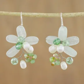 Green Quartz and Pearl Dangle Earrings from Thailand - Elegant Flora in Green | NOVICA