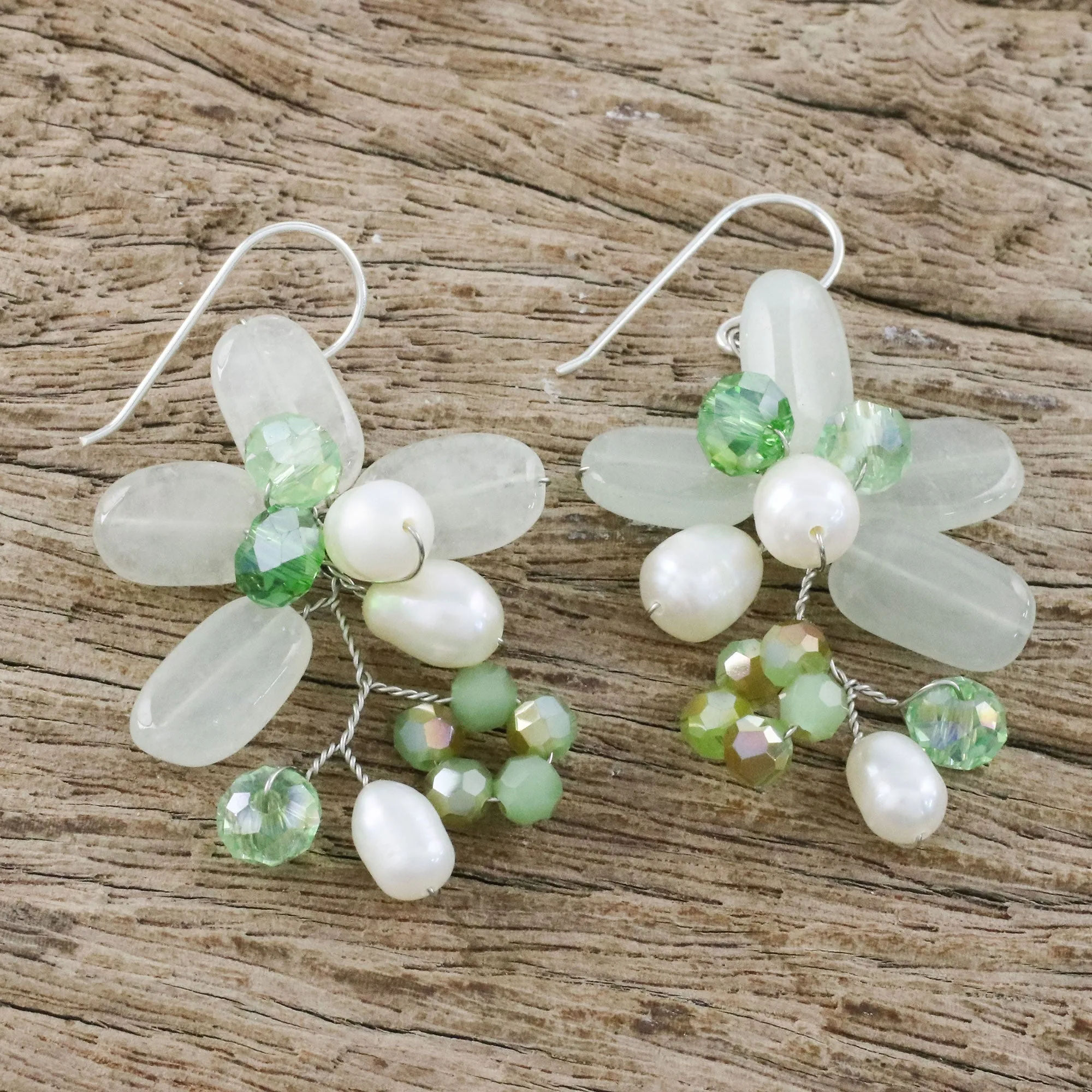 Green Quartz and Pearl Dangle Earrings from Thailand - Elegant Flora in Green | NOVICA