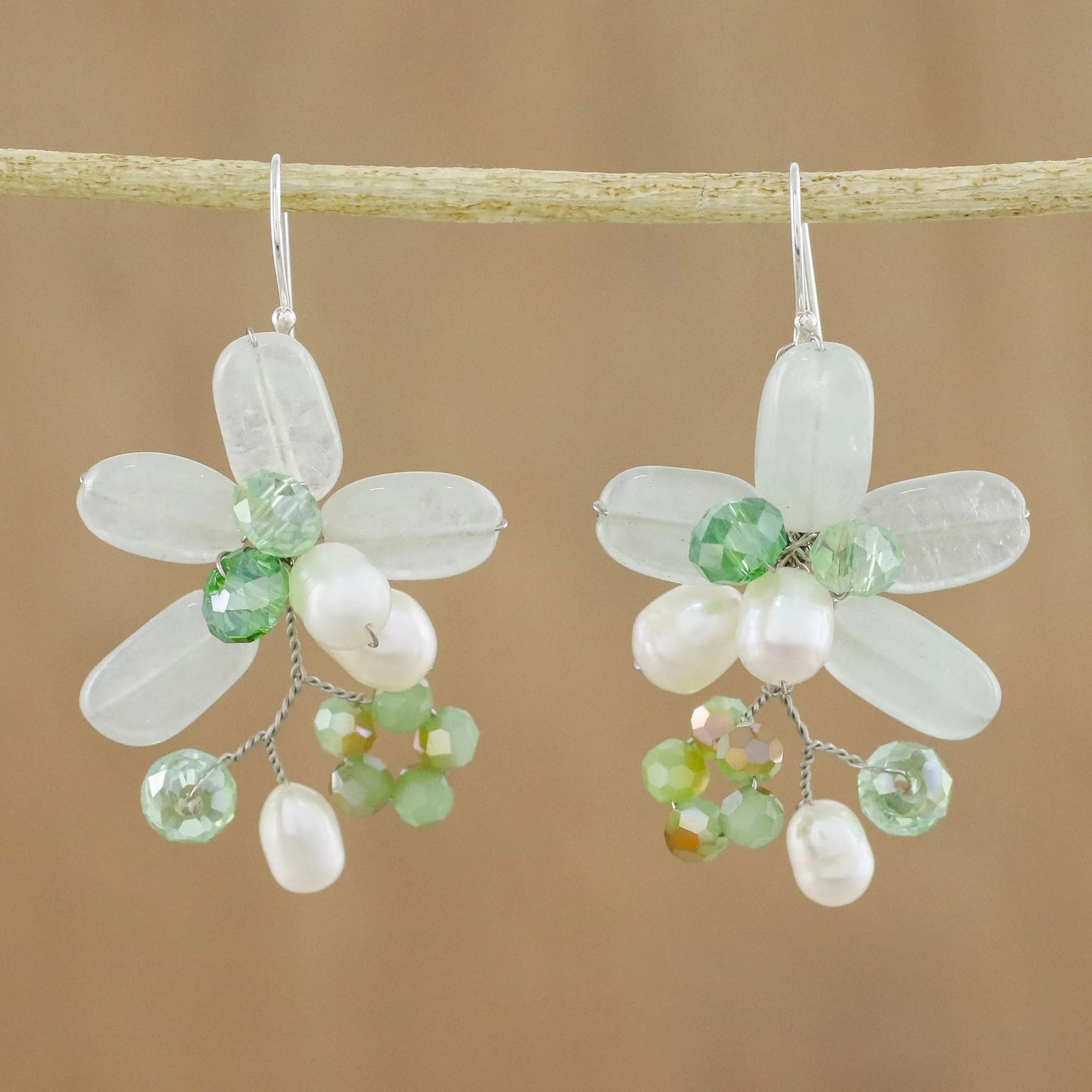 Green Quartz and Pearl Dangle Earrings from Thailand - Elegant Flora in Green | NOVICA