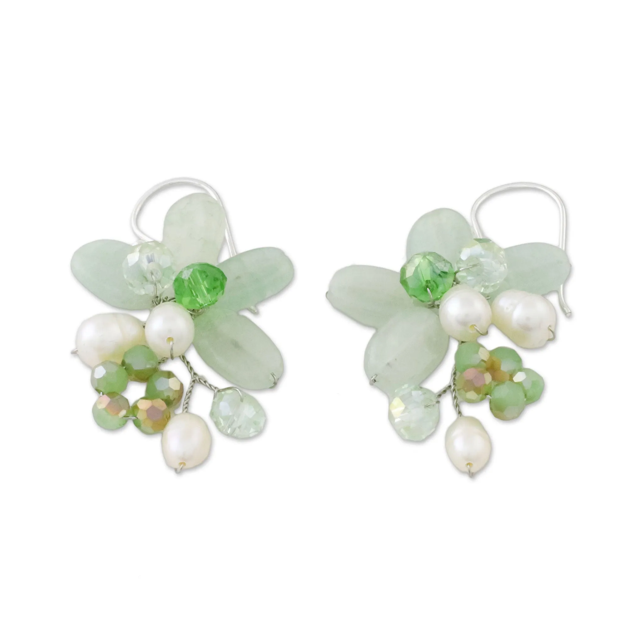 Green Quartz and Pearl Dangle Earrings from Thailand - Elegant Flora in Green | NOVICA