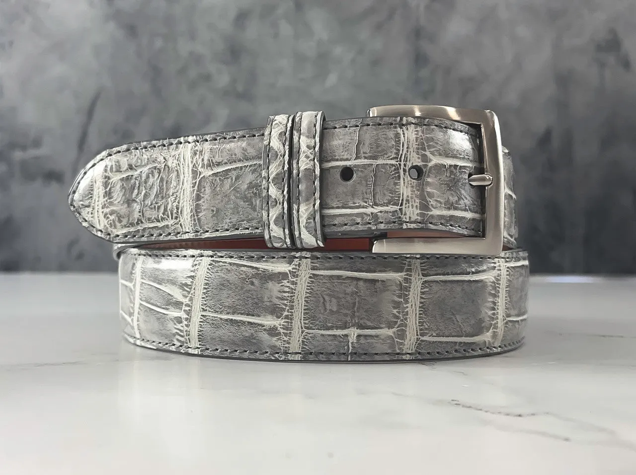 Hand-painted American Alligator Belt: Grey and White (The DJ)