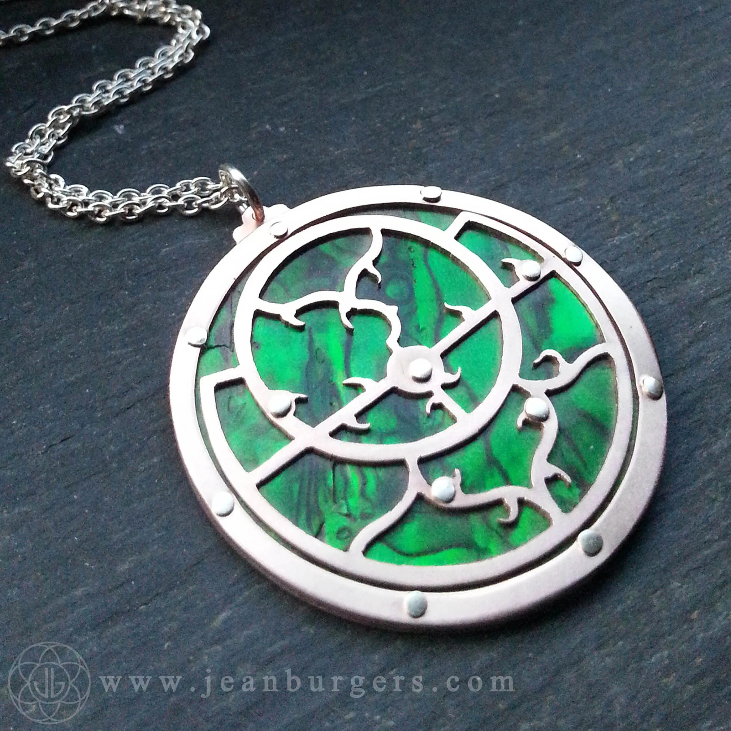 Handcut Planespheric Astrolabe Pendant - copper and paua