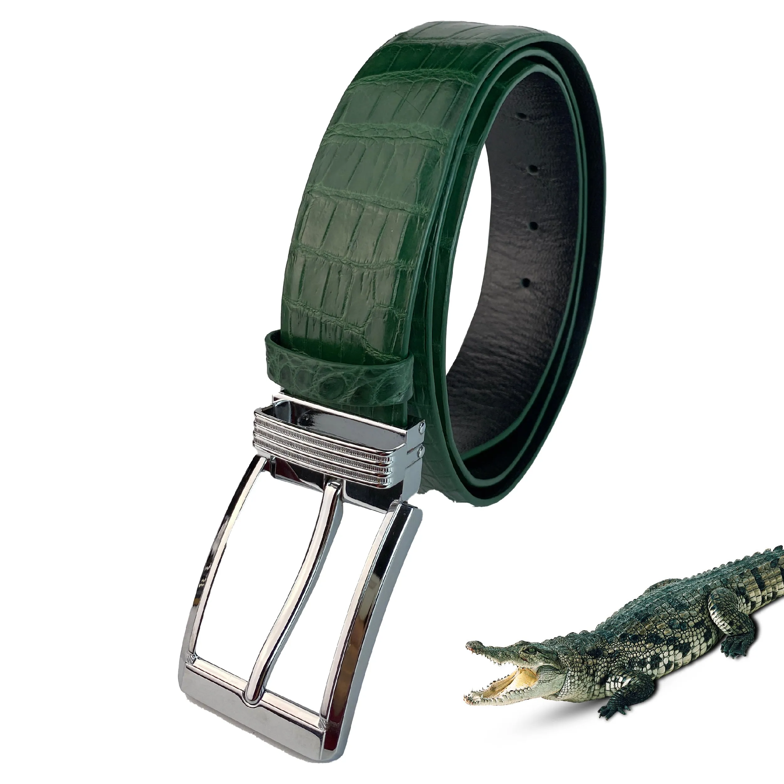 Handmade Green Alligator Belt Men's - Crocodile Skin Belly Belt 1.5" - Pin Buckle - BE-GRE-08-PIN