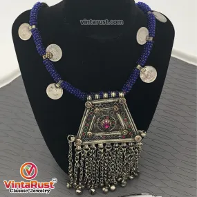 Handmade Tribal Metal Necklace with Beaded Strip