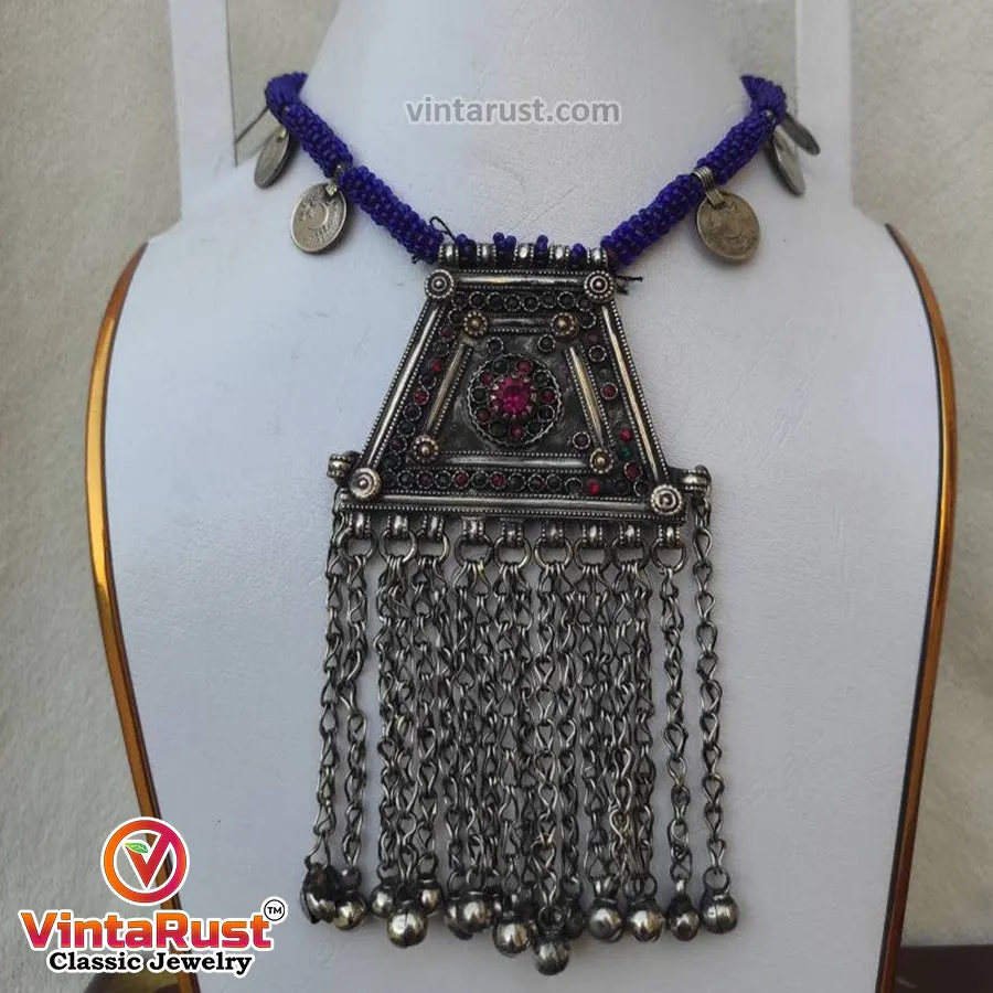 Handmade Tribal Metal Necklace with Beaded Strip