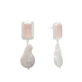 Hanging Pearl Earring with Rose Quartz & White Topaz | Sterling Silver