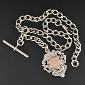 Heavy Edwardian Silver Albert Watch Chain Necklace & Fob 70.7 gm