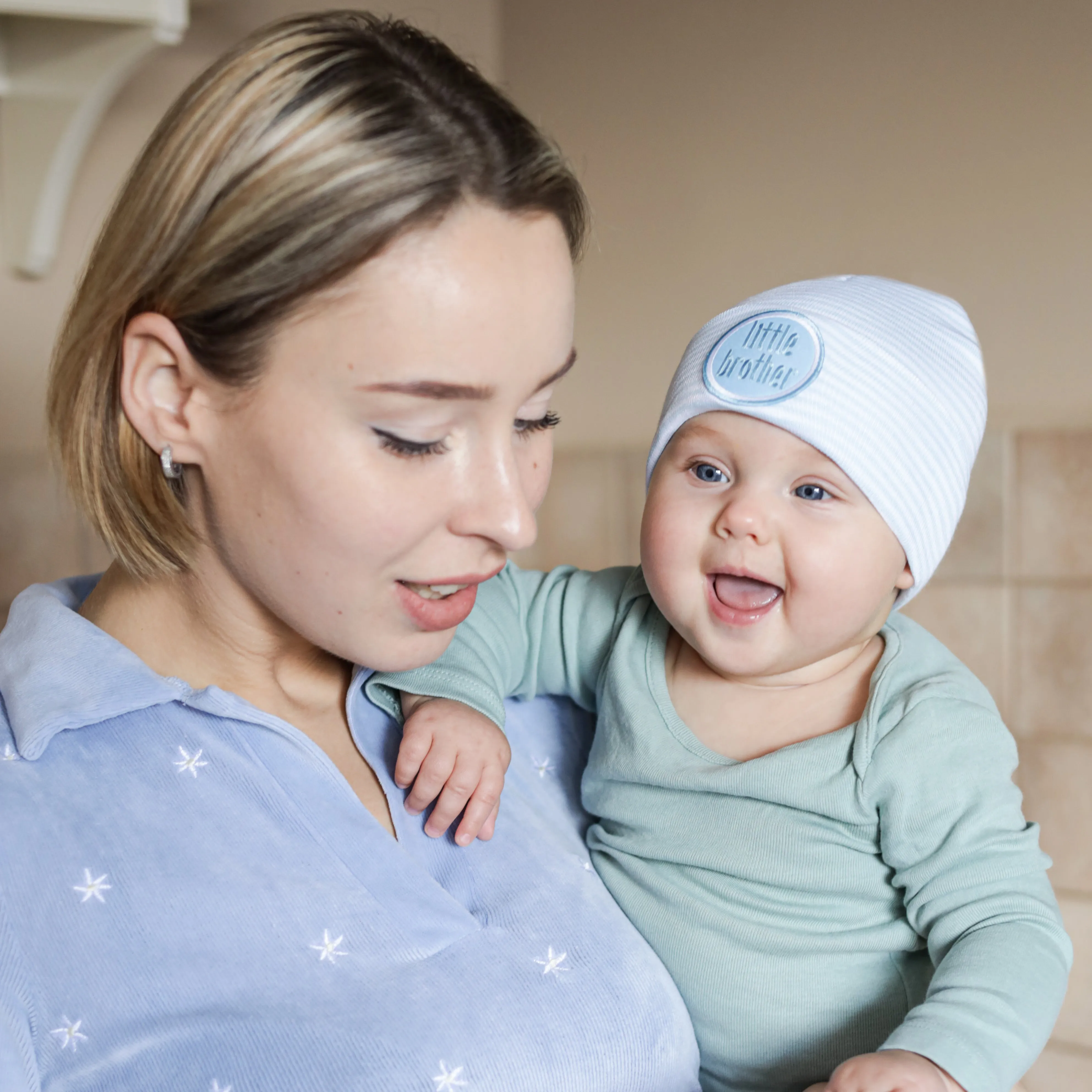 ilybean Baby Blue and White Striped Little Brother Newborn Boy Hospital Hat - Newborn Boy Hospital Hat