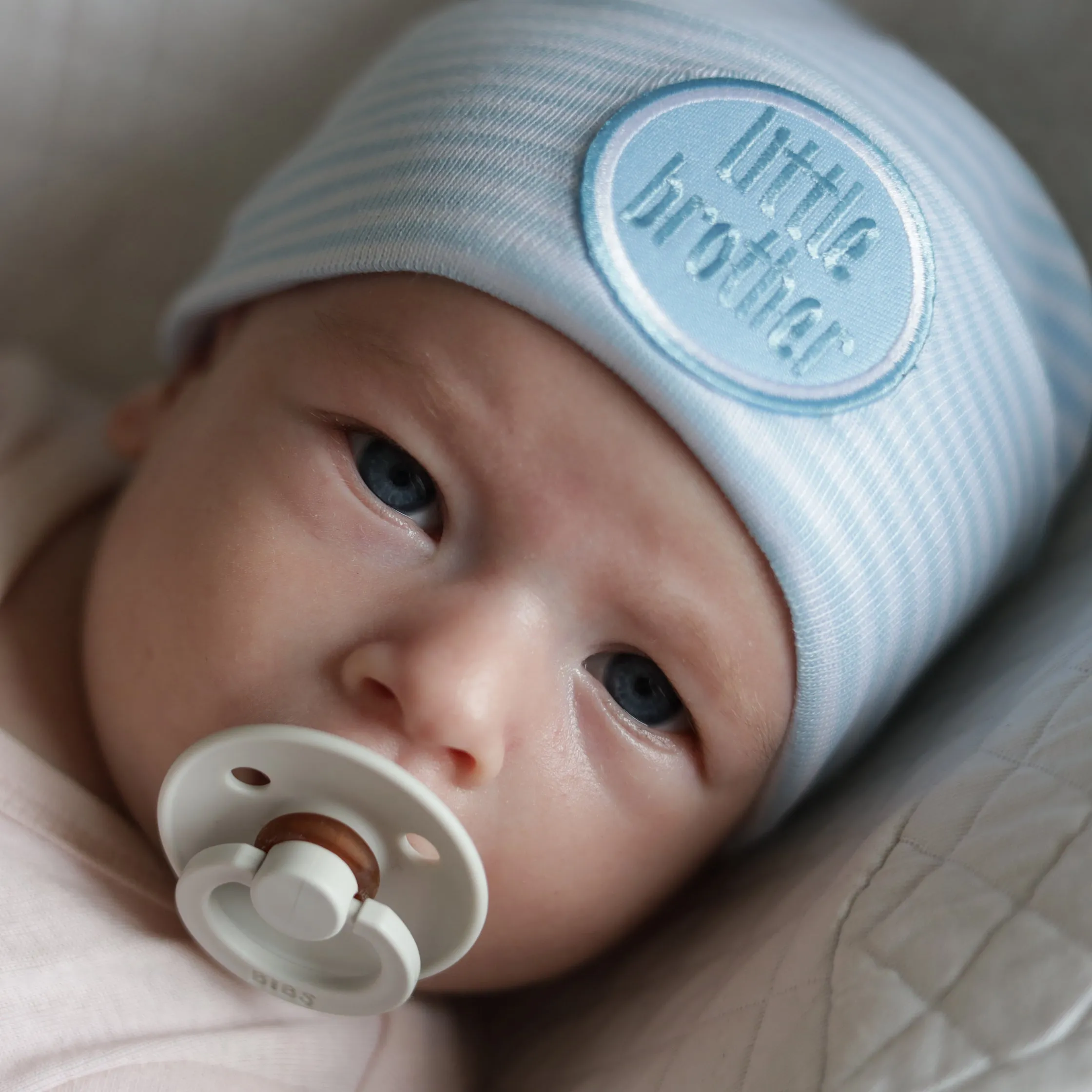 ilybean Baby Blue and White Striped Little Brother Newborn Boy Hospital Hat - Newborn Boy Hospital Hat