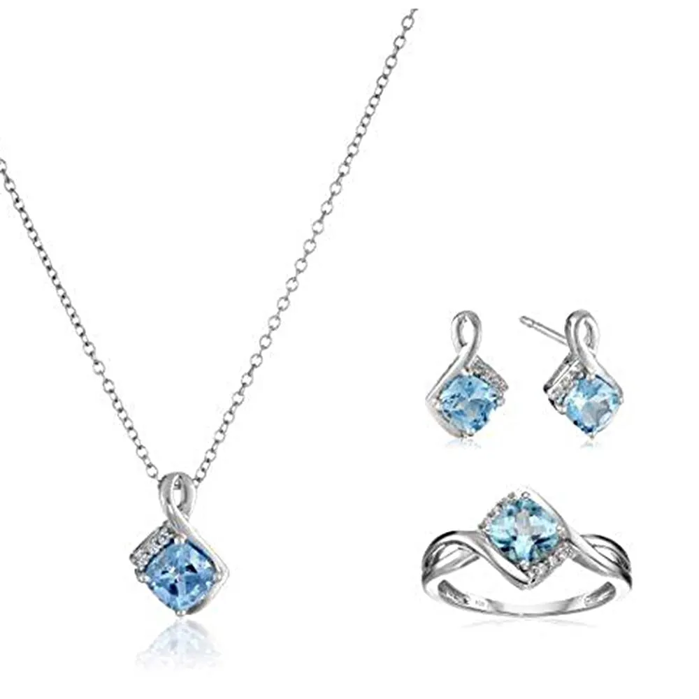 Jewelili Sterling Silver Swiss Blue Topaz Cushion with Created White Sapphire Box Set (Necklace 18", Ring Size 7)