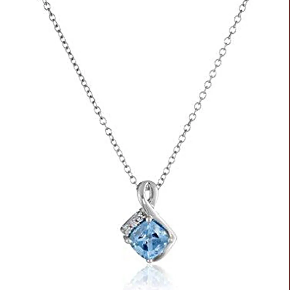 Jewelili Sterling Silver Swiss Blue Topaz Cushion with Created White Sapphire Box Set (Necklace 18", Ring Size 7)