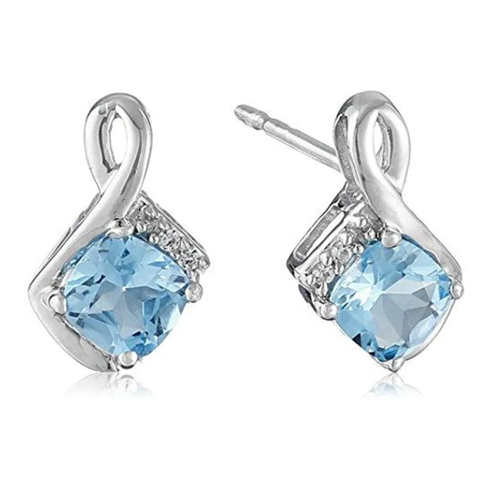 Jewelili Sterling Silver Swiss Blue Topaz Cushion with Created White Sapphire Box Set (Necklace 18", Ring Size 7)