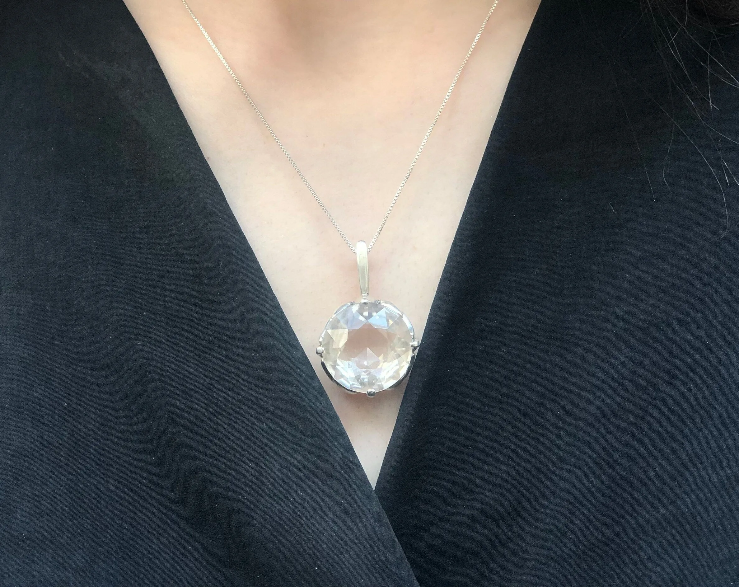 Large Topaz Necklace- Round Vintage Pendant - Real White Topaz Necklace