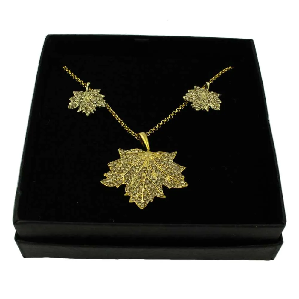 Light Topaz Crystal Maple Leaf Necklace and Earring Set - PT412BS