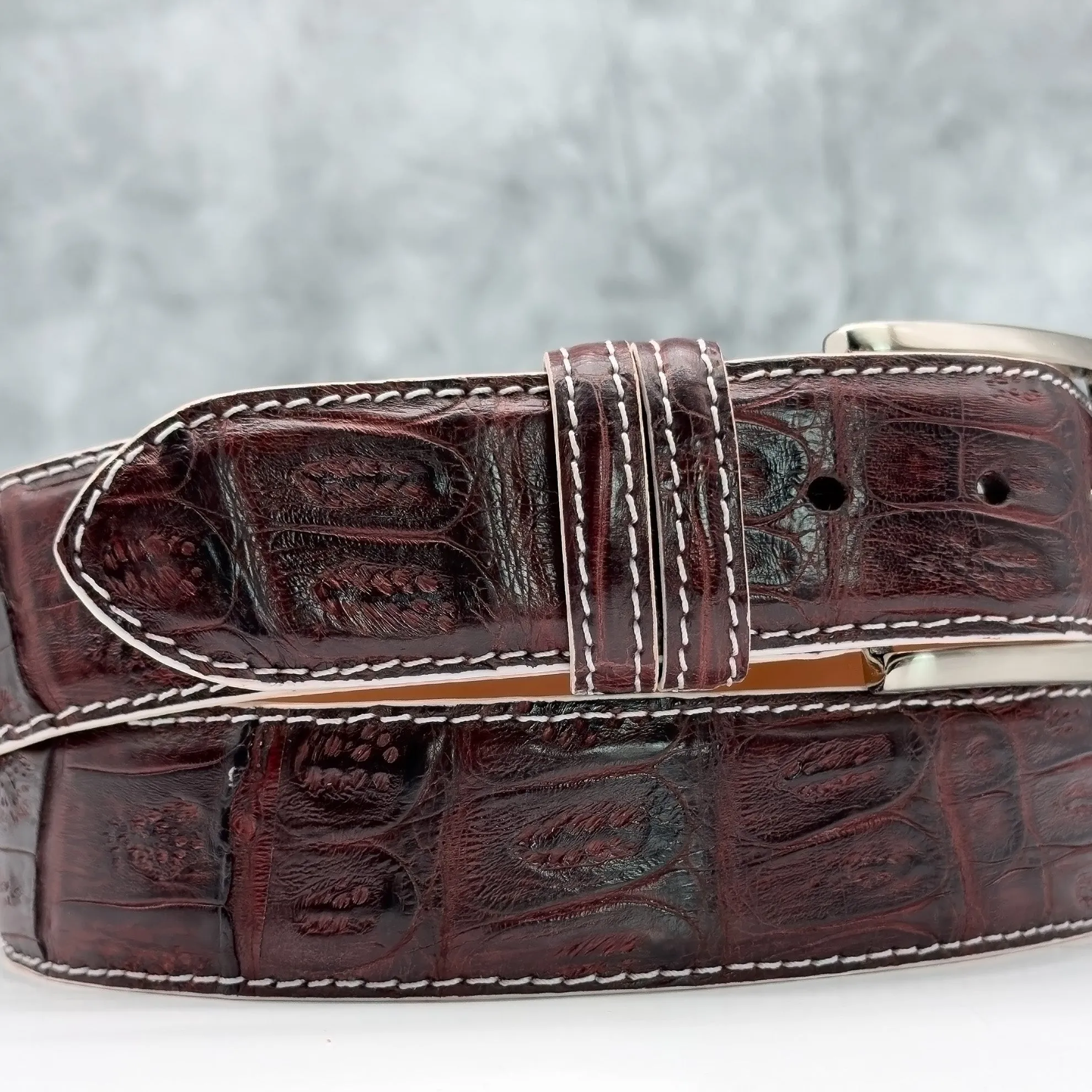 Matte Caiman Tail Belt: Burgundy