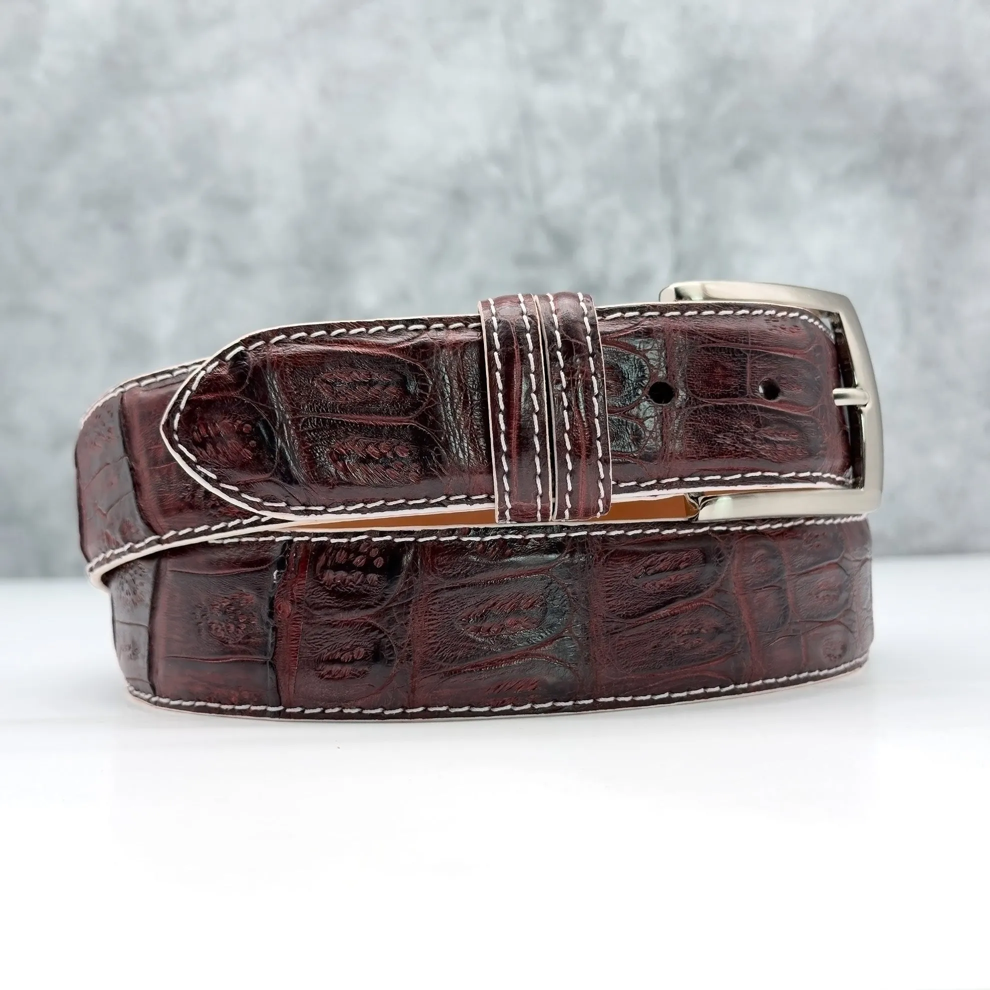 Matte Caiman Tail Belt: Burgundy