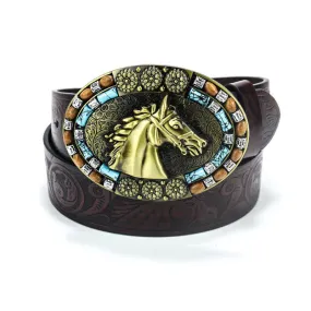 Men's Cowboy Horse Head Turquoise Leather Belt