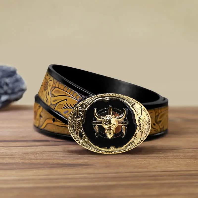 Men's DIY Gold Black Bull Head Buckle Leather Belt