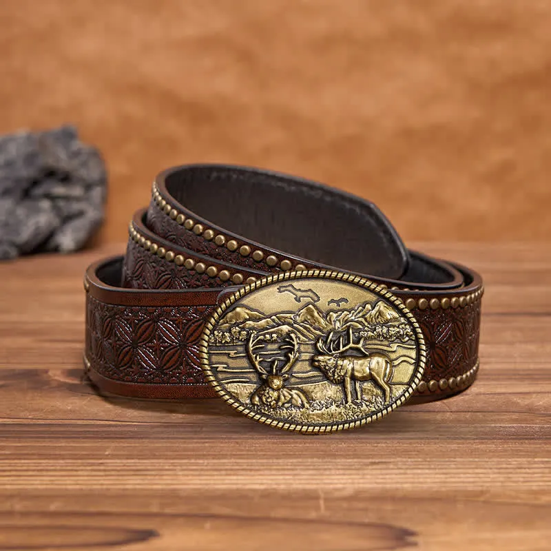 Men's DIY Wildlife Deers Western Style Buckle Leather Belt