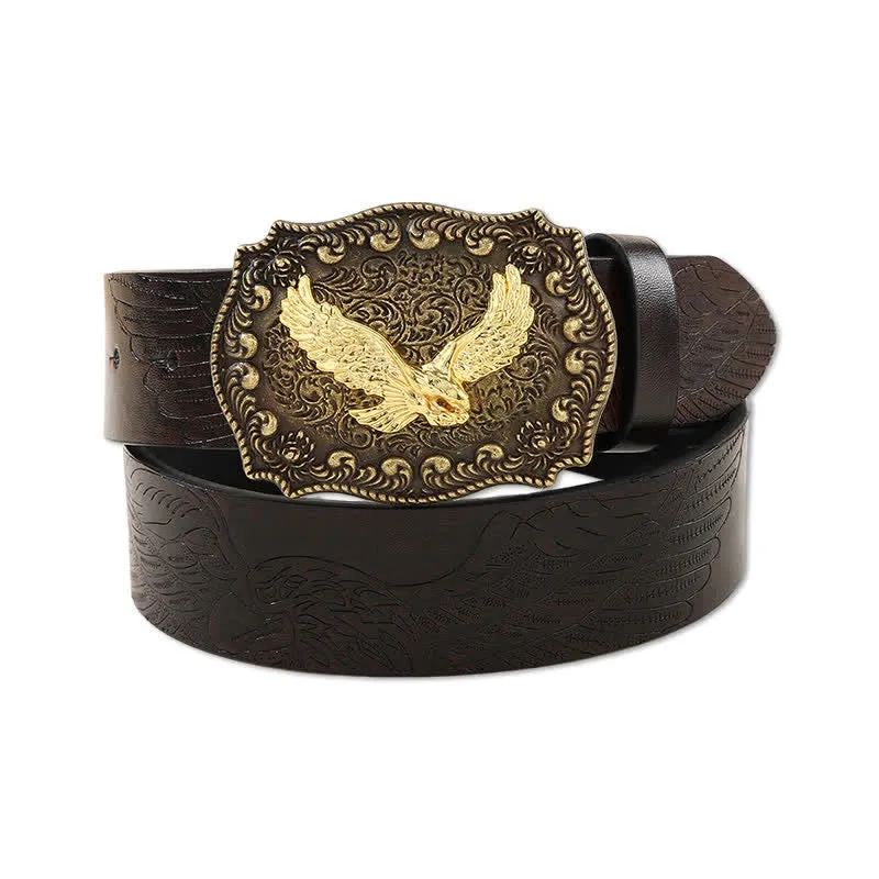 Men's Powerful Golden Eagle Engraved Buckle Leather Belt