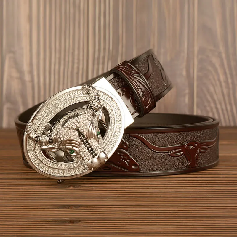 Men's Shinning Rhinestone Bull Automatic Buckle Leather Belt