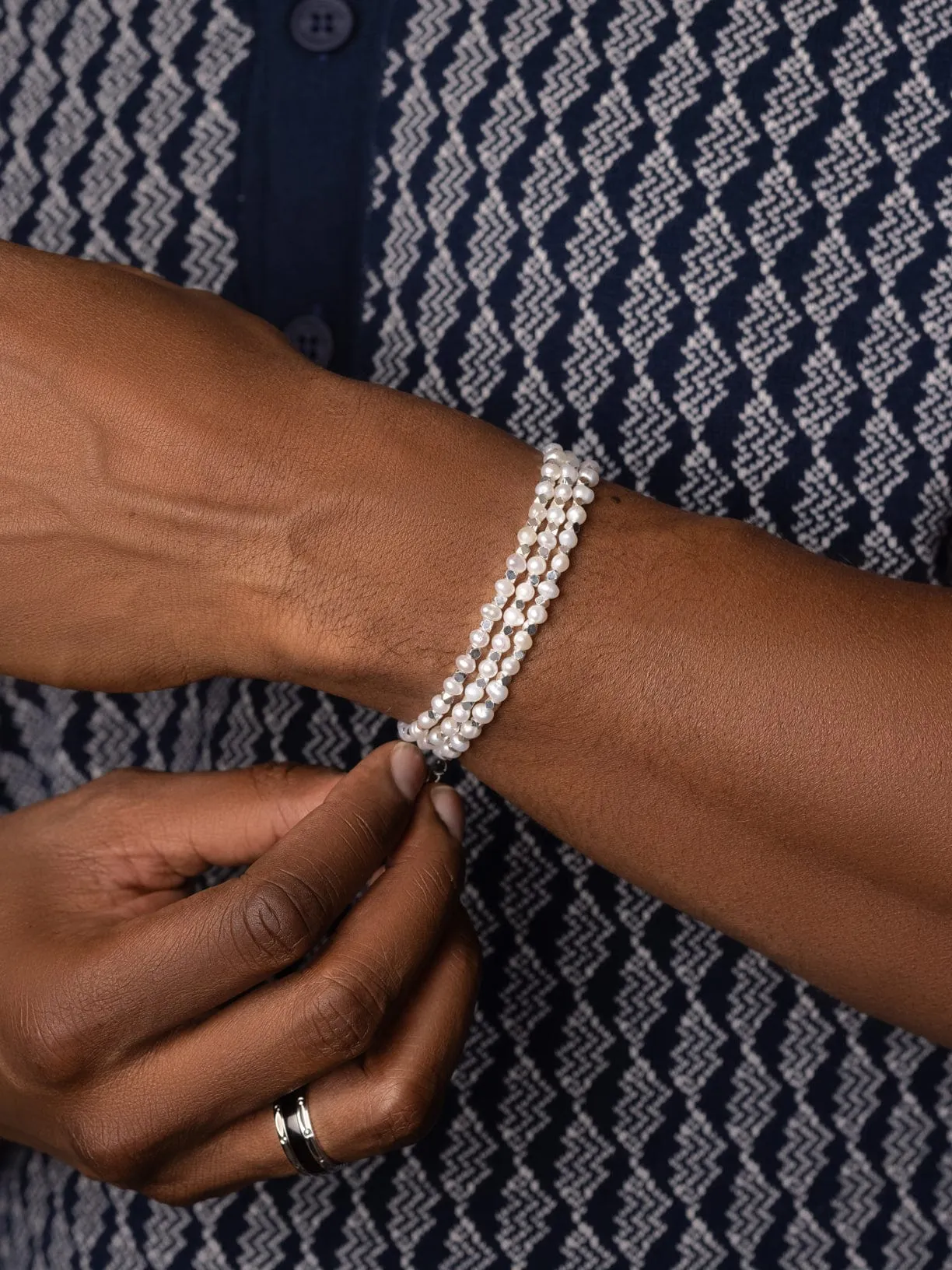 Men's Silver Wrap-Around Bracelet with Pearls