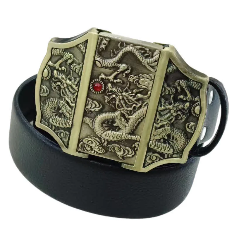 Men's Triple Dragons Relief Leather Belt With Hidden Lighter