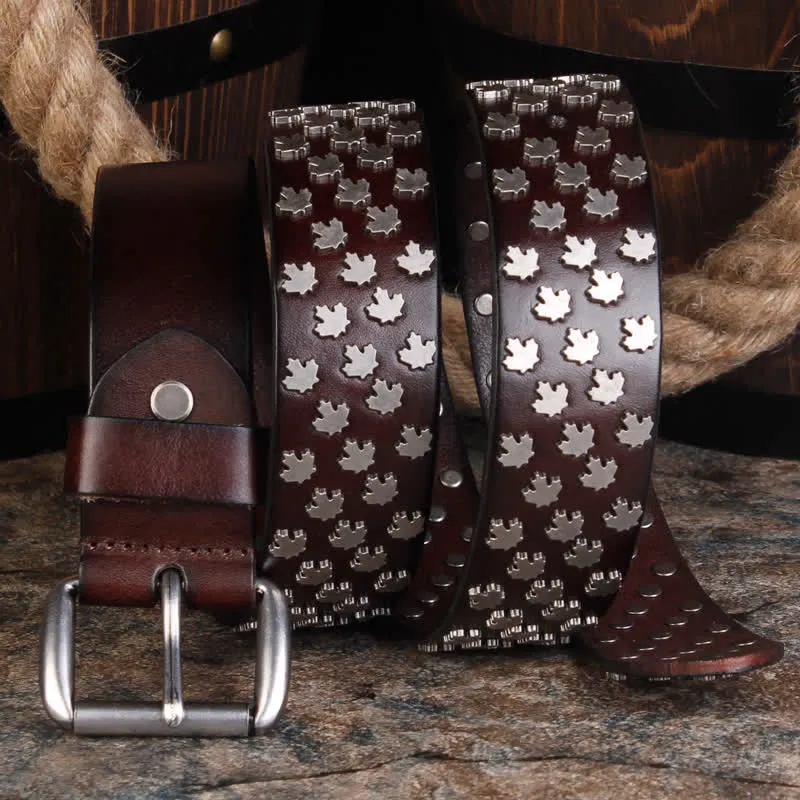 Men's Unique Maple Leaf Shape Rivets Leather Belt