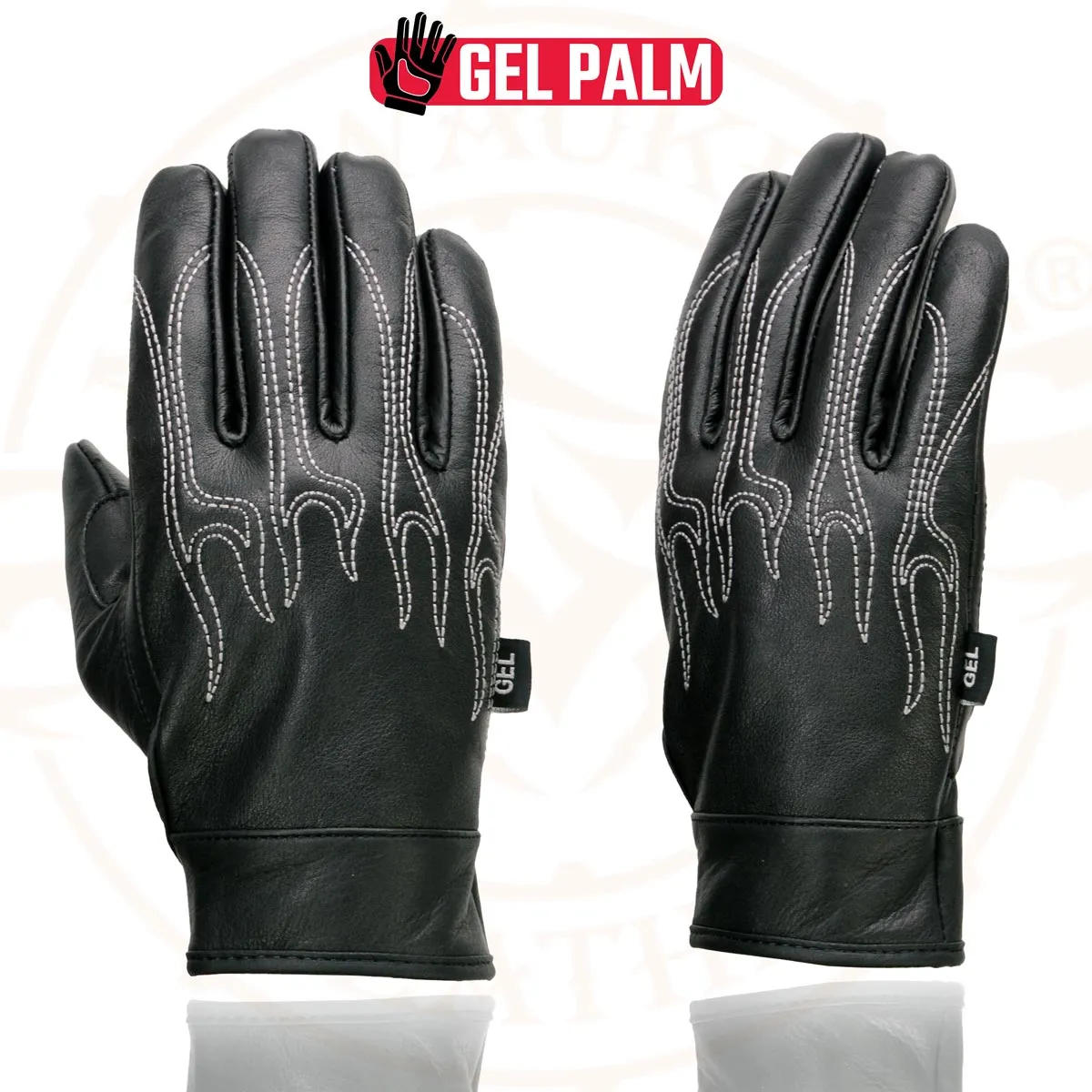 Milwaukee Leather SH820 Men's Black Leather ‘White Flame’ Cruising Hand Gloves W/ Gel Palm