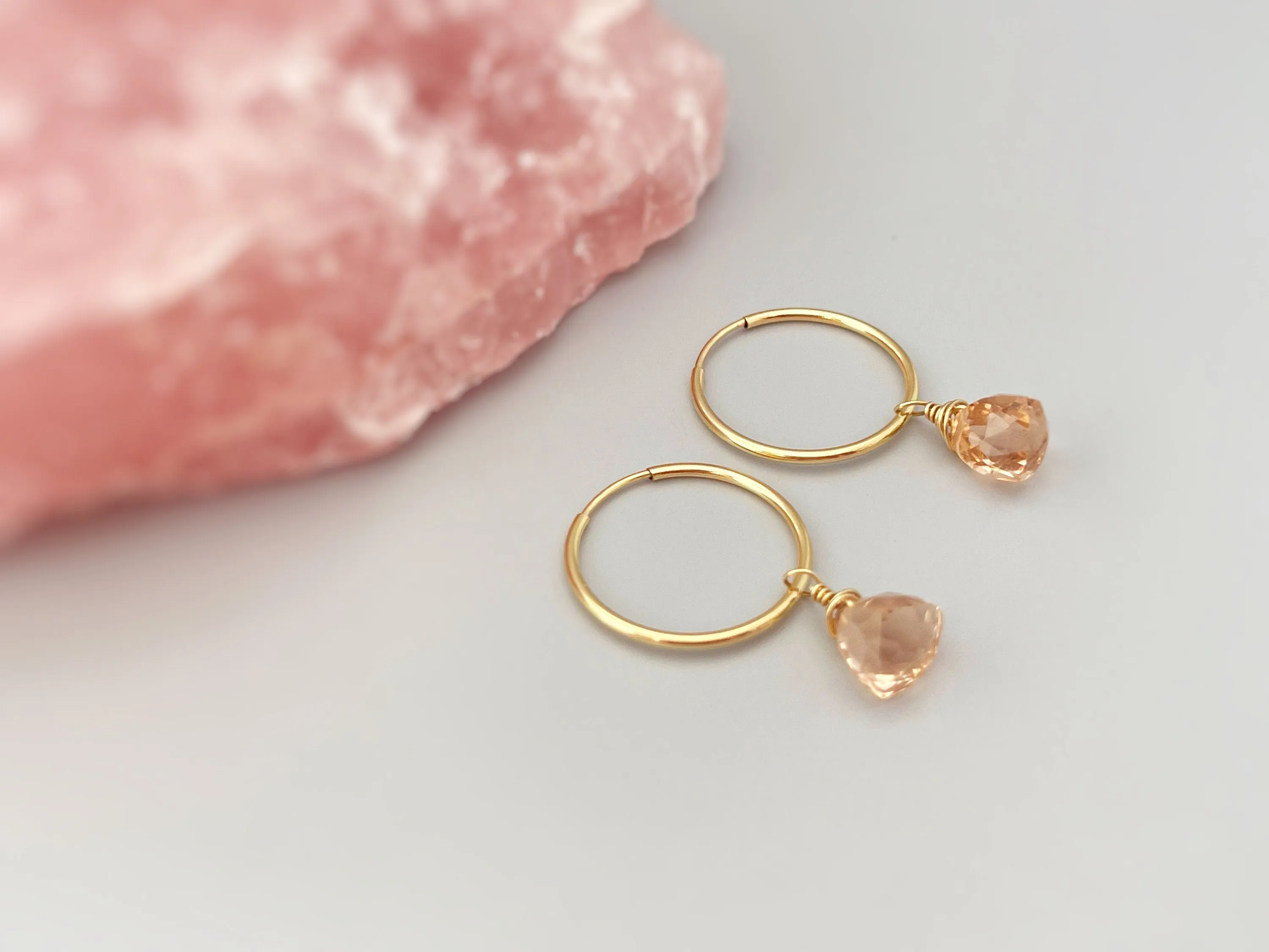 Morganite Hoop Earrings Dangle 14k Gold, Sterling Silver, Rose Gold, Handmade dainty peach pink gemstone crystal jewelry gift for mom, wife