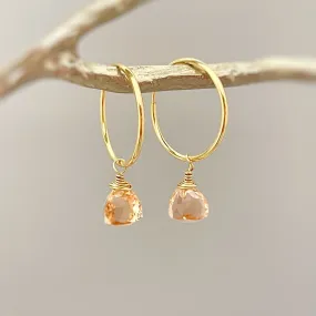 Morganite Hoop Earrings Dangle 14k Gold, Sterling Silver, Rose Gold, Handmade dainty peach pink gemstone crystal jewelry gift for mom, wife