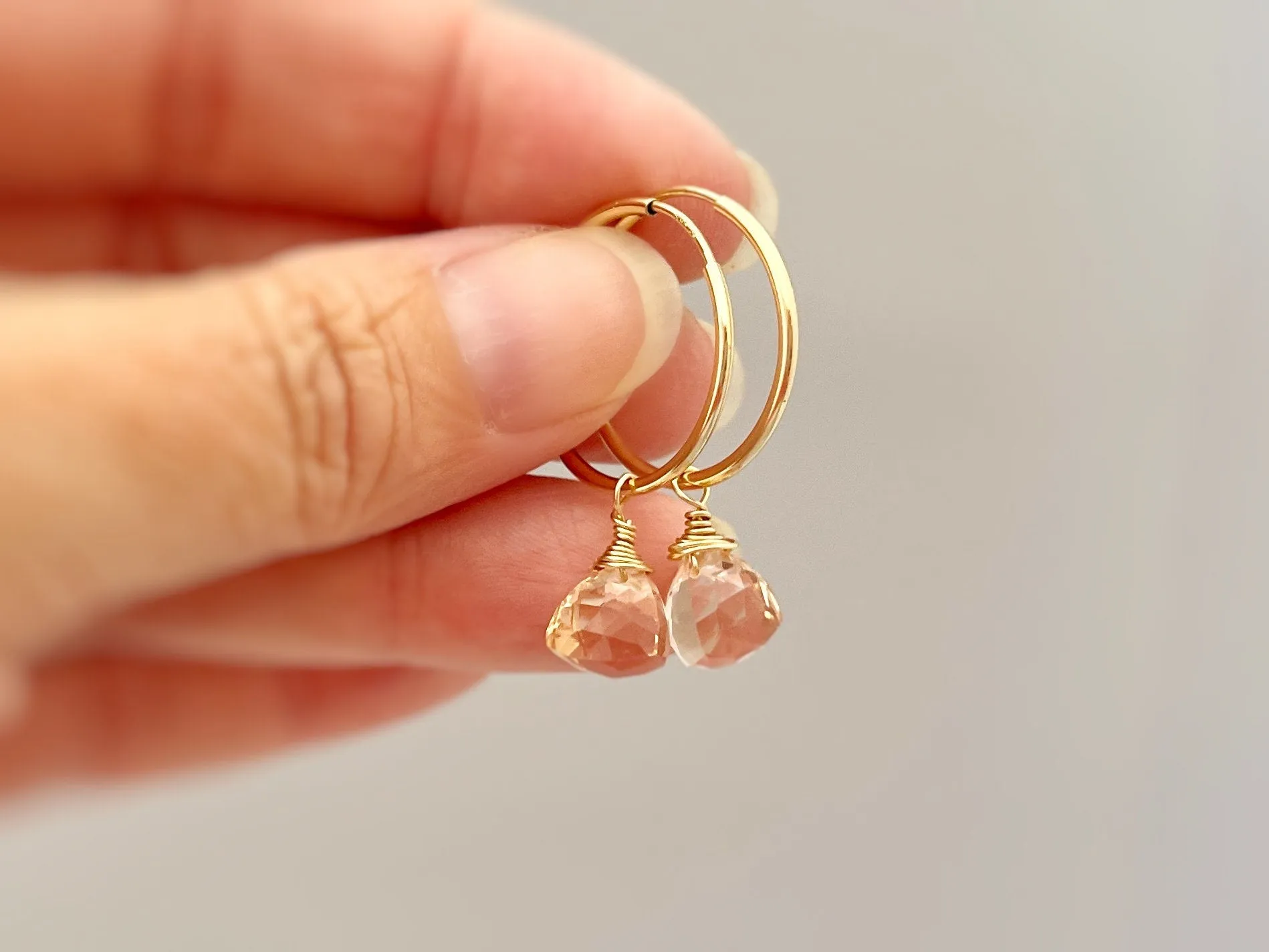 Morganite Hoop Earrings Dangle 14k Gold, Sterling Silver, Rose Gold, Handmade dainty peach pink gemstone crystal jewelry gift for mom, wife