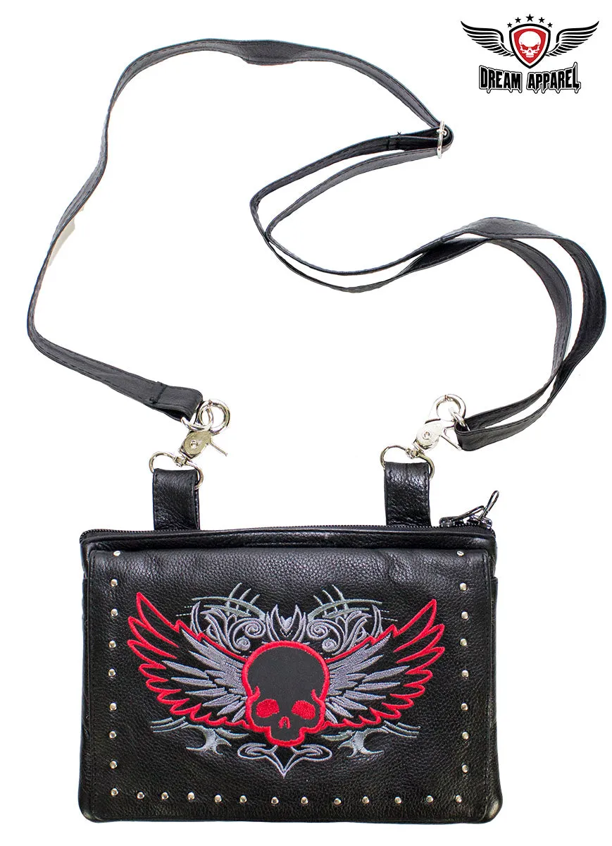 Naked Cowhide Leather Red Skull Gun Holster Belt Bag with Studs