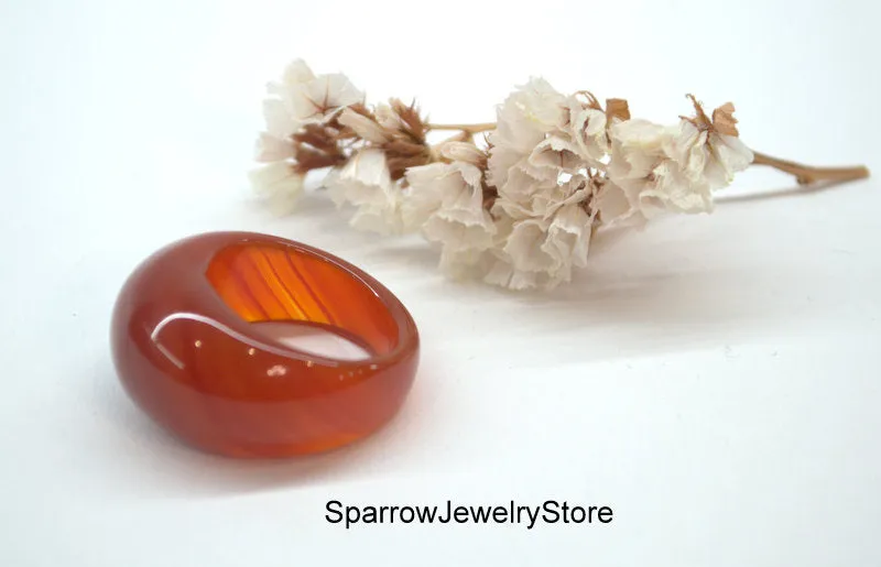 Natural carnelian agate ring band Carved stone ring size 9 10 Solid stackable ring Eastern style boho unisex ring Personalized Gift for her