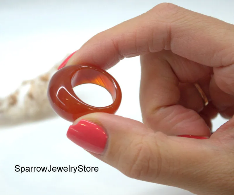 Natural carnelian agate ring band Carved stone ring size 9 10 Solid stackable ring Eastern style boho unisex ring Personalized Gift for her