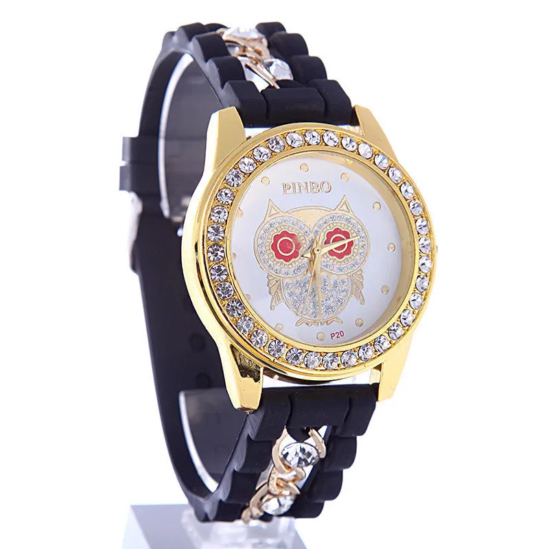 New Dress Casual Owl Quartz Clock Female Popular Relogio Luxury Diamond Ladies Wristwatches Women Silicone Chain Fashion Watch